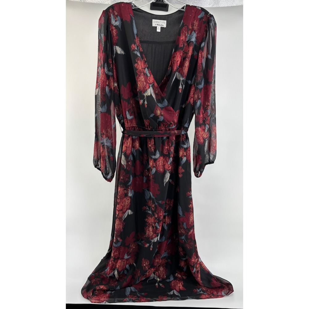 Signature Robbie Bee Maxi Dress Womens 12 Black Red Floral Metallic Chiffon Boho